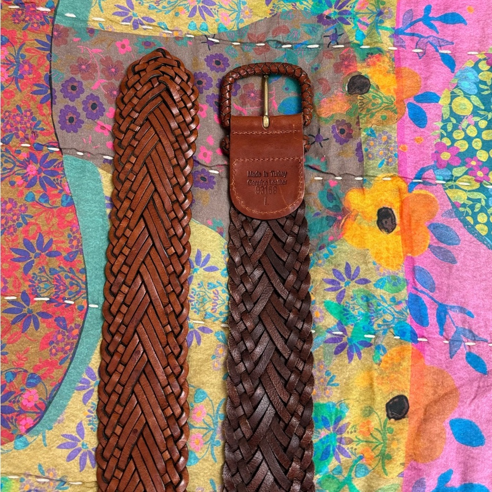 Vintage Woven Leather Belt Western Chunky Buckle Size L Coastal Boho Chic Beach - Picture 6 of 11